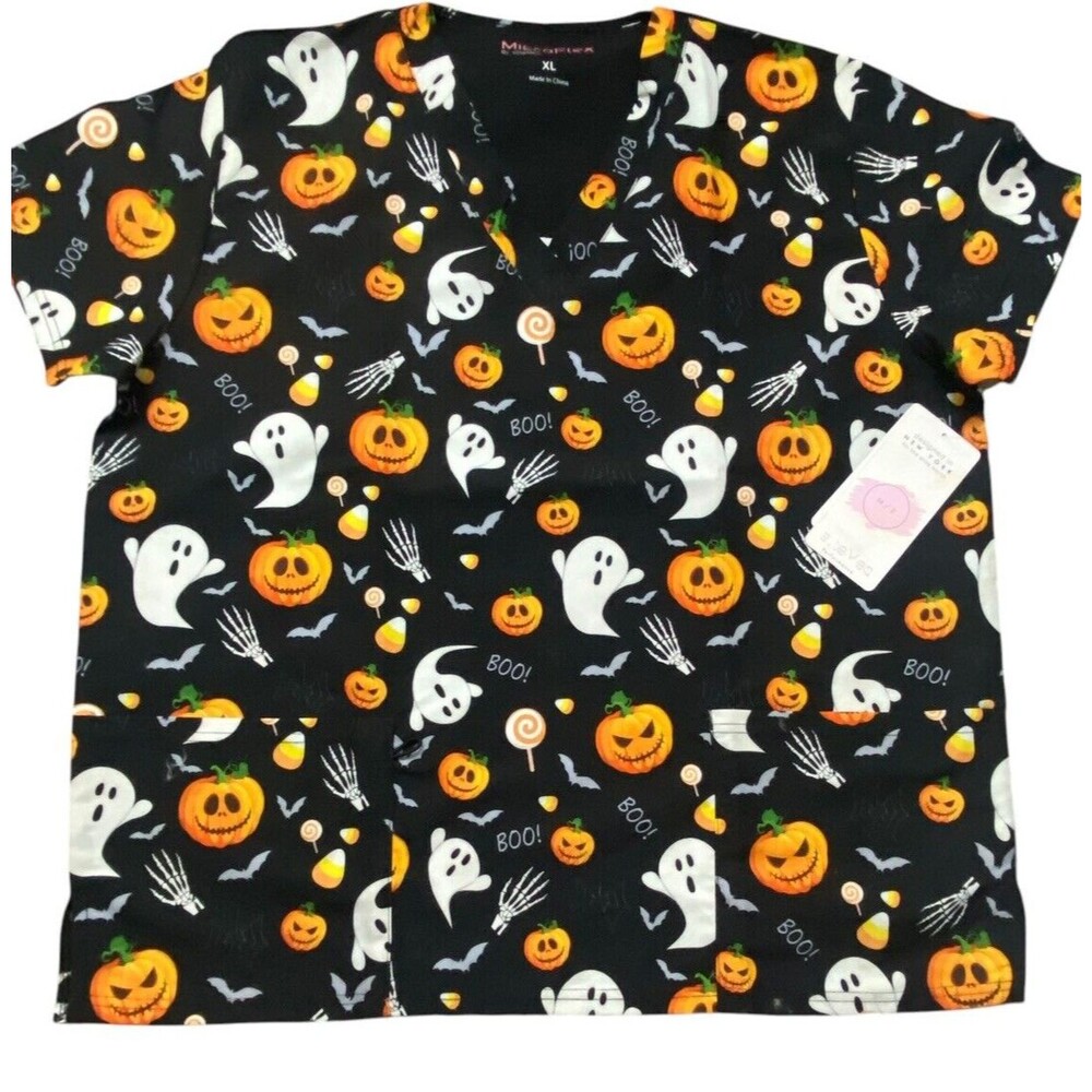 Microflex Unisex Halloween Scrub Top - Ghosts, Pumpkins, and Candy Corn  Sz 2XL